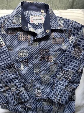 Men’s Navy Geometric Metallic-Print Button Down Shirt